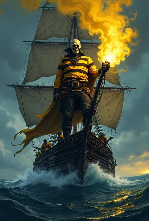  pirate with skull face, on top of a frigate, sailing in the sea. With a football shirt with a stick design, the shirt, with the colors yellow and black. A pirate with a torch emitting yellow and black smoke. Behind many pirates with yellow and black footb...