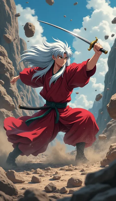 Inuyasha in action, with rocks flying and enemy heads being cut off by samurai, hyper realistic pboto