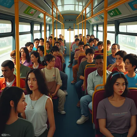 The city bus is filled with a diverse crowd of passengers, each with their own stories and expressions. People from different backgrounds, ages, and walks of life are present. Some are seated, while others stand in the aisles. The bus interior is realistic...