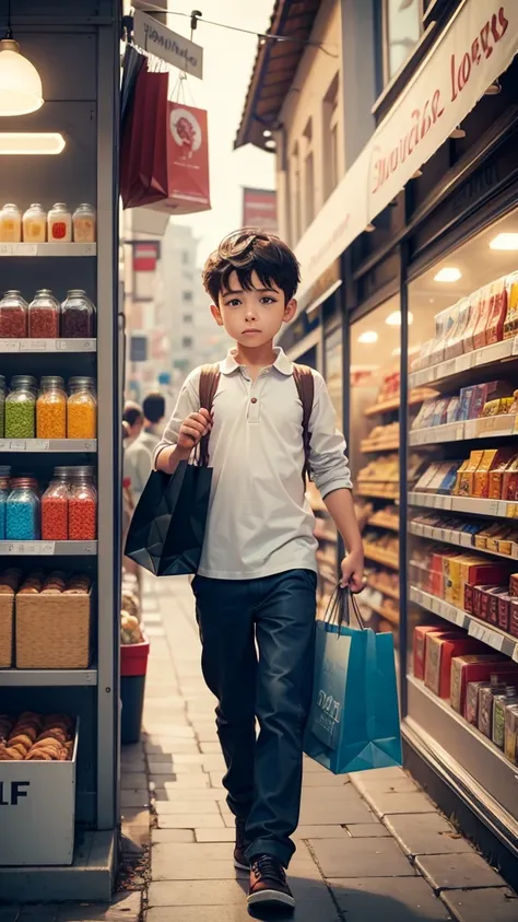 The boy with hand mobile he is shopping a shop