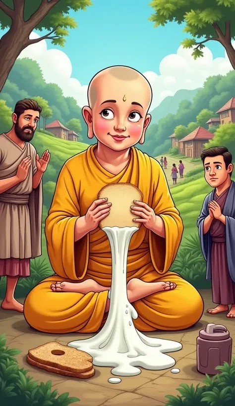 "Create a detailed cartoon-style illustration featuring Buddha standing under a large, leafy tree, squeezing a piece of bread from which milk is flowing out. Emphasize the serene expression on Buddhas face, showcasing his calm demeanor. To one side, depict...