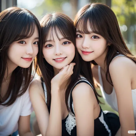 3 girls,Best Quality, Illustration, Ultra-detailed, finely detail, hight resolution, 8K Wallpaper, Perfect dynamic composition, Beautiful detailed eyes,natural color lip,Smile,Sexy shot,looking at camera,idol