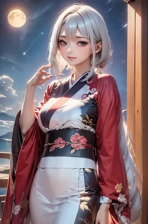 masterpiece, best quality, highly detailed, 1girl, white hair, face: sweet girl, laugh kimono, black kimono, matte texture cloth...