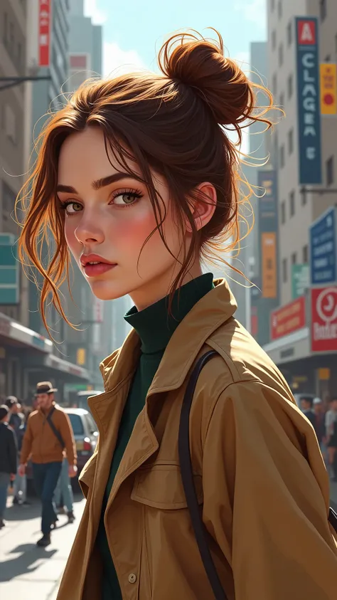 ANAIS ASTEIR, a 2 French fashion designer, dressed in a stylish yet practical outfit. Her long chestnut hair is pulled back in a messy bun. she looks a bit overwhelmed by the busy scene around her, but determined nonetheless. illustrated by Ilya Kuvshinov ...