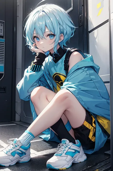 light blue hair, light blue eyes, light blue aura, black jacket, yellow t-shirt with black cool logo, short hair, yellow sneakers, short colored socks, black shorts