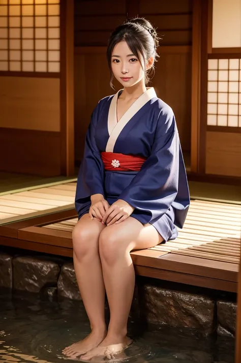 16k, best quality, extremely detailed, ultra quality, ultra highres, masterpiece, beautiful, Raw Photo, there is a woman sitting on a japanese onsen, in kimono, wearing a simple robe, high-end onsen, japanese style, japanese onsen, wearing simple robes, of...