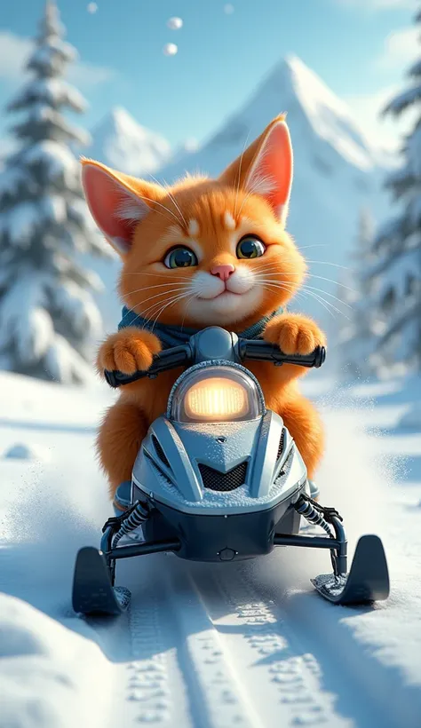 A orange realistic floppy cat riding snowmobile , in snow