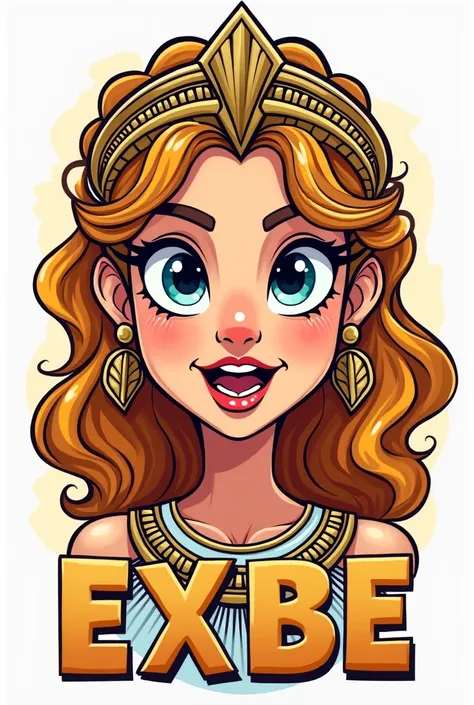 Create a cartoon image of the Greek Goddess Hera focusing on her face with the name EXBE in large letters below her face