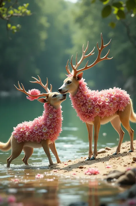 Two wild dog  read to attack a deer made from peony flower on the river sand area 