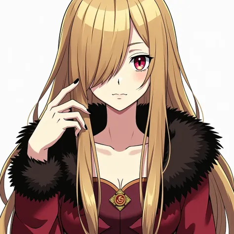 A slender lady with long straight blonde hair in the current pokemon anime style. She is an elegant and balanced lady. His hair is long and straight, blonde, and his long bangs cover one of his eyes, hiding it. Her exposed eyes are red like amber, but disc...