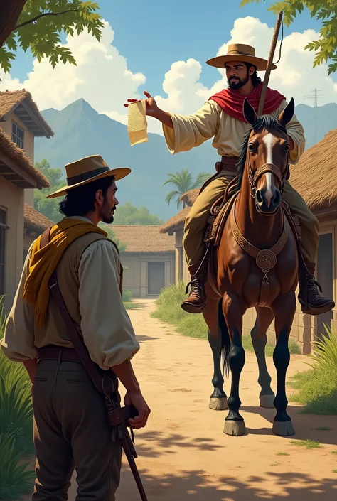 A small village at dawn. In the foreground, The protagonist, Manuel, a Peruvian peasant of about 30 years old, Humble but determined looking, listen to an emissary mounted on a horse. The emissary holds a paper with the call to battle.