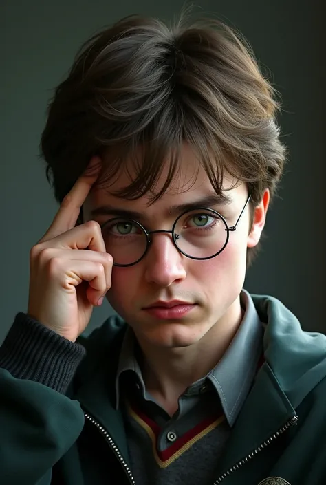 Harry Potter thinking With finger on mind with intense  looking forward 