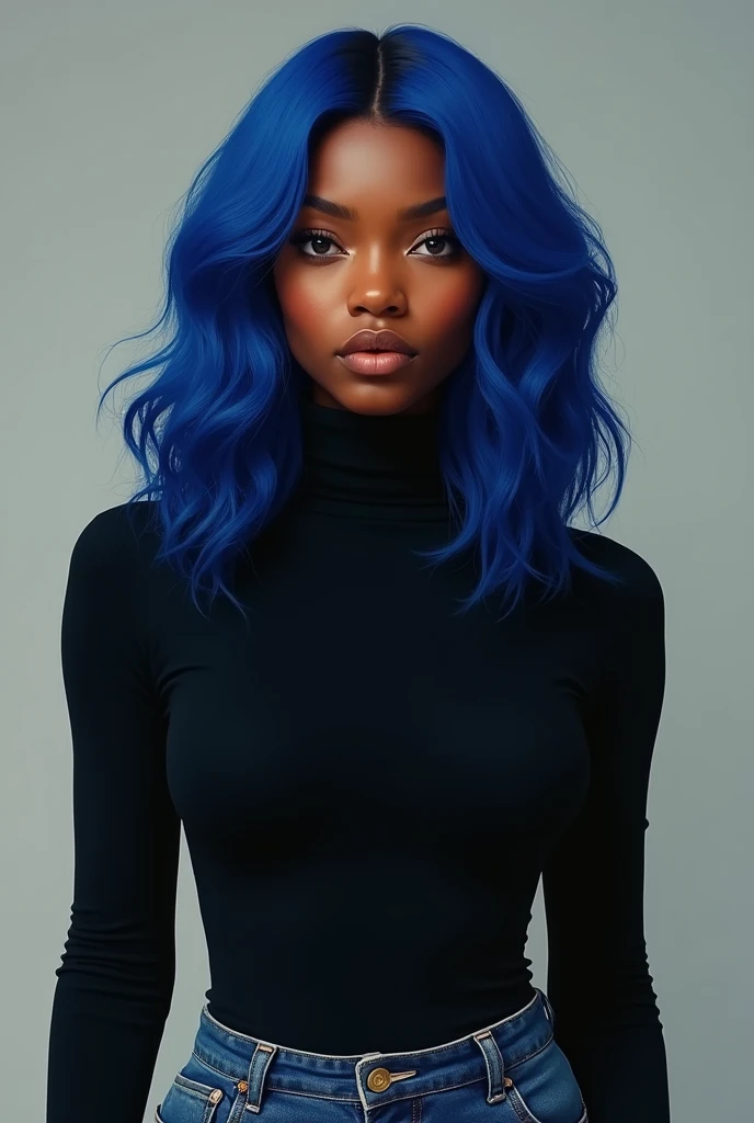 Black woman with blue hair, no cinema, with a black turtleneck and jeans, hyper realism