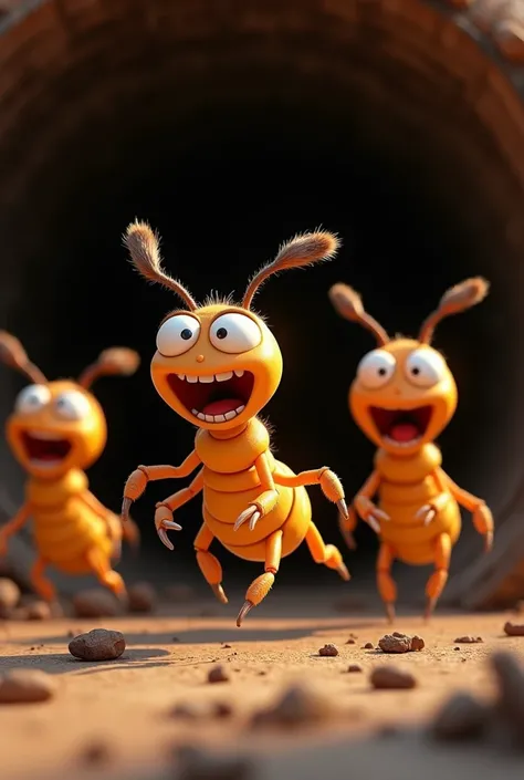 Create a 3d illustration of animated termite family running away with afraid expression 