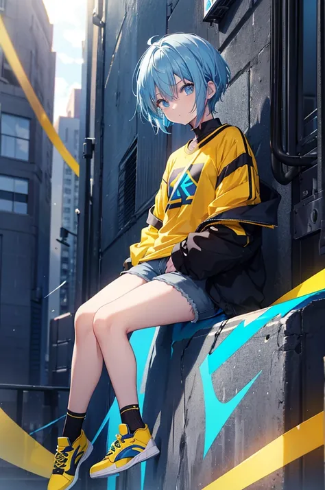 Dark light blue hair, sky blue eyes, azure aura, black jacket, yellow t-shirt with black cool logo, short hair, yellow sneakers, short colored socks, black shorts, super saiyan blue