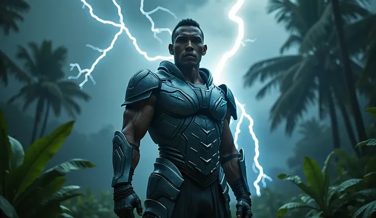 Joe taslim (20 year old Indonesian man) wearing futuristic armor with dark metallic touches, equipped with a striking lightning accent. Serious facial expression, standing in the pouring rain, lightning strikes background, Dark and windy tropical forest. m...