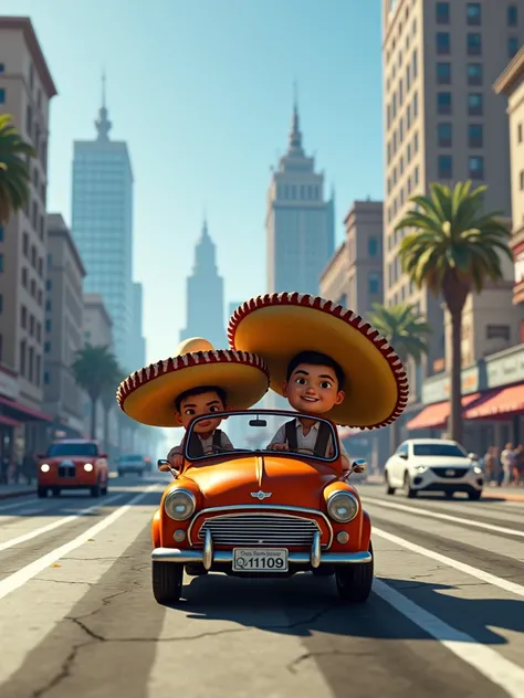 small people wearing large sombreros driving a car in Los Santos