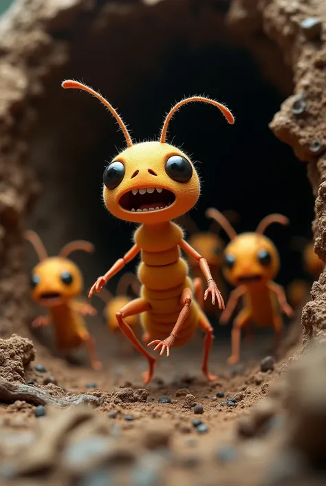 Create a 3d illustration of animated termite family running away with scared expression 