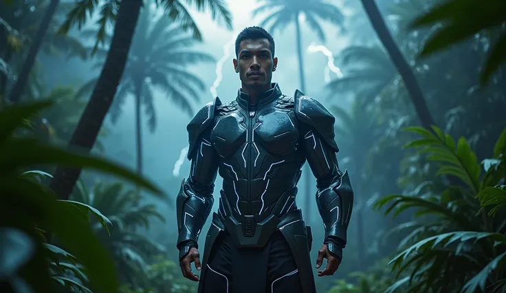 Joe Taslim (20 year old Indonesian man) wearing futuristic armor with dark metallic touches, equipped with a striking lightning accent. Serious facial expression, standing in the pouring rain, lightning strikes background, Dark and windy tropical forest. m...