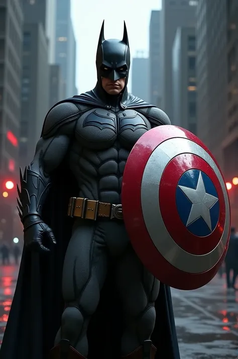 Batman holding captain America shield 