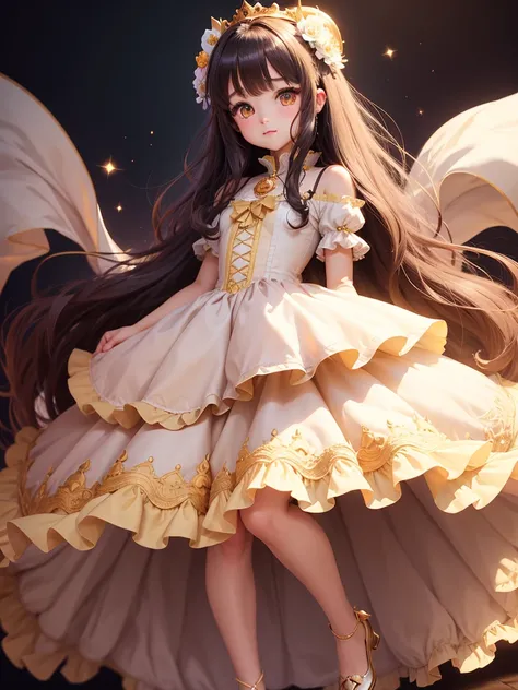 cute little  Princess 、Princess dress、Widescreen, Medium Hair, Medium Hair, Vertical Roll, Heart-shaped ahoge, Golden Eyes, Bright Eyes, Flower Eyes, 
Sparkling Eyes, Full Body Shot