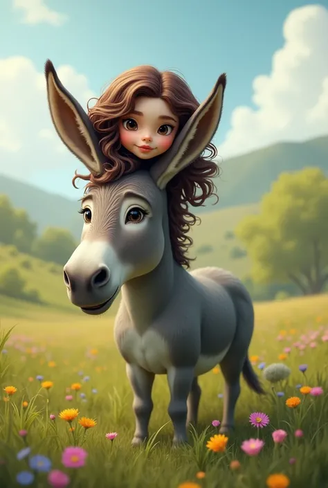 make a donkey that has the head of a brunette girl with curly hair


