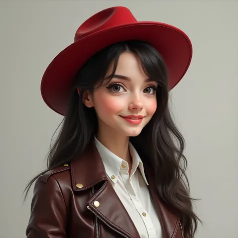 realistic waist up photo, Russian girl is cheerful, Professional waist-up photo , in a white shirt, leather jacket, red hat with wide brim, round head, dark long hair, sweet smile, looks directly at the viewer, side view, 