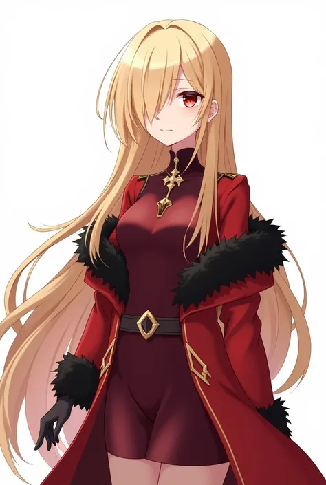 A slender lady with long straight blonde hair in the current genshim anime style. She is an elegant and balanced lady. His hair is long and straight, blonde, and his long bangs cover one of his eyes, hiding it. Her exposed eyes are red like amber, but disc...