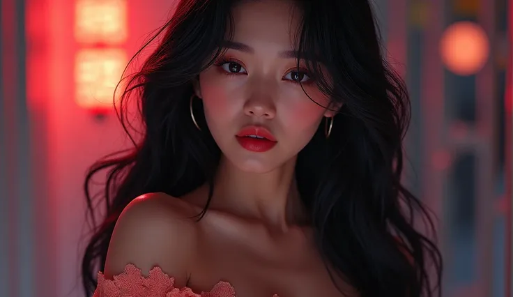 a beautiful korean girl, seductive expression, detailed facial features, long silky hair, porcelain skin, elegant pose, tight-fitting dress, dynamic lighting, cinematic atmosphere, vibrant colors, digital painting, intricate details, photorealistic, 8k, be...