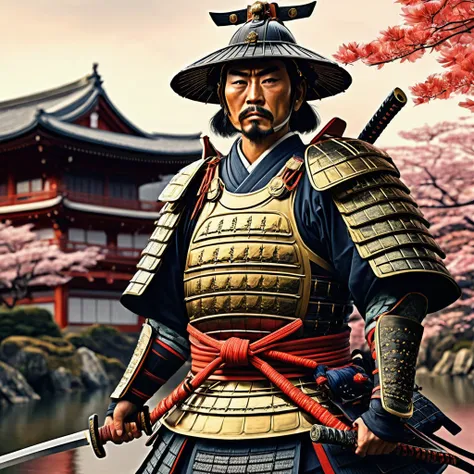 Immagine realistica, come fosse unimmagine storica, di un samurai giapponese in armatura, dopo una dura battaglia viene abbracciato da una donna in abiti tradizionali giapponesi