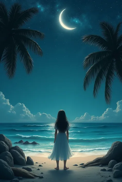 A portait picture with half moon and stars at beach and coconuts tree