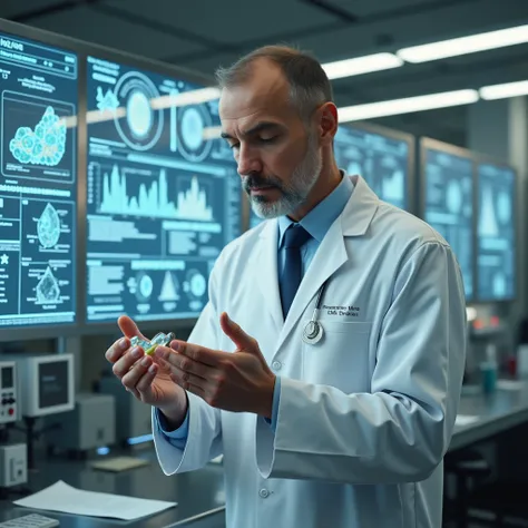 A doctor in a white coat holding capsules, possibly next to charts or diagrams explaining the working principle of a product, detailed anatomy, realistic, photorealistic, highly detailed, intricate, cinematic lighting, clean room interior, high-tech medica...