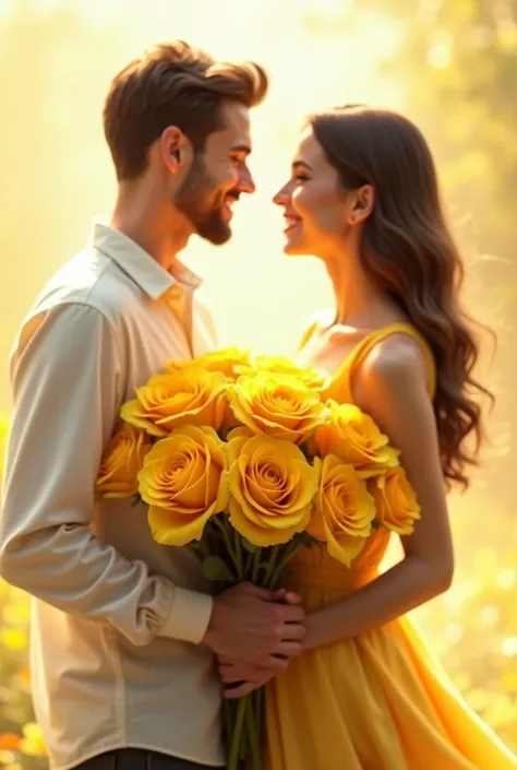 A loving couple standing closely together, sharing a tender moment, holding a large bouquet of bright yellow flowers, preferably roses or sunflowers. They are dressed in light, casual clothing, with expressions of happiness and love. The background is soft...