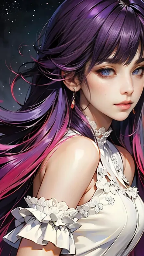 (Best Quality: 0.8), (Best Quality: 0.8), Perfect anime illustration, Close-up portrait of a beautiful woman walking in the city。Very long purple hair、Large Breasts、赤面したRed eyes。 (((nsfw))) Transparent white dress、Neon night city、Ultra-detailed、Ultra-detai...