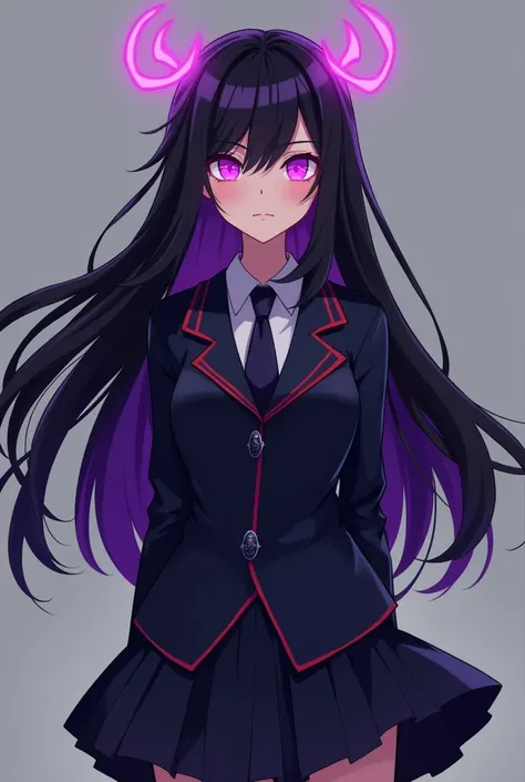 My Hero Academia style anime girl with black hair and legendary glowing purple eyes with long hair and purple strands and small devil horns and small glowing devil wings and wearing the official academy uniform for this anime 