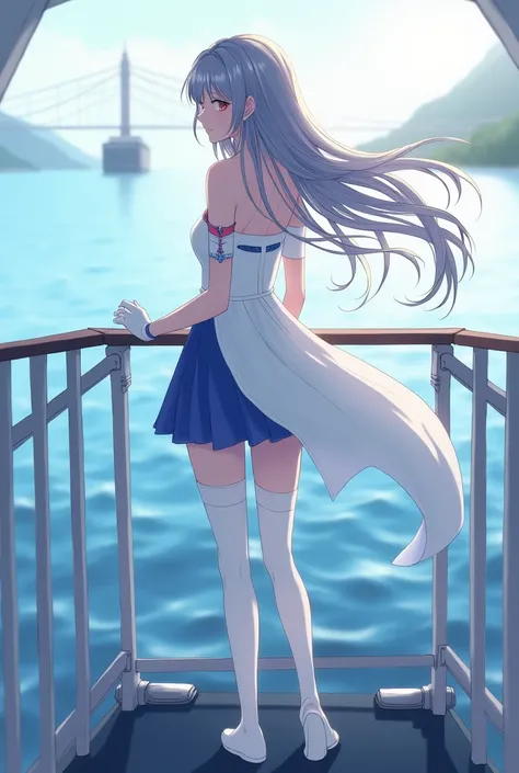 ((best quality)), ((masterpiece)), ((1girl)), solo, Ferry, ((long hair)), FerryBase, ((thighhighs)), bare shoulders, ((jewelry)), ((sleeveless)), white dress, blue skirt, ((gloves)), thigh-high, from behind.