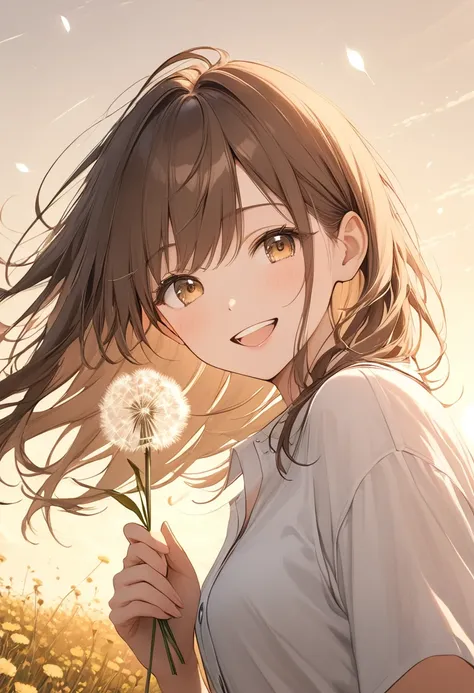 anime、((Amazingly absurd)),(masterpiece:1.2),超High resolution, Attention to detail, high quality, High resolution, 最high quality, 4K, 8k、Woman handing over a dandelion,Smiling,Showing teeth,Half-open mouth,Open your mouth,holding flowers in both hands,Pass...