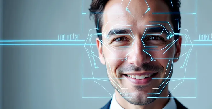 Technologically realistic image with facial recognition reading of a man wearing formal wear. smiling. It should show on the man&#39;s face the facial recognition reading lines which should be futuristic blue