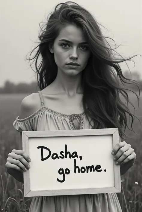 Beautiful girl with wavy long hair in bohemian dress, holding a white board with writing "Dasha, go home." and showing it to the viewer