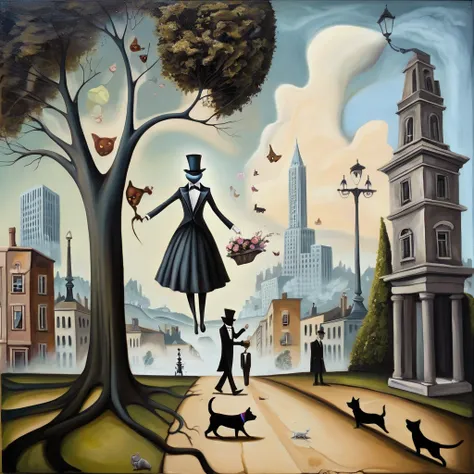 a surreal oil painting: a cat in a dress, with a dog in a tailcoat, walking down a street where trees laugh, monuments sell flow...