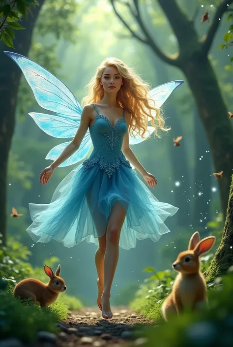 close-up of a beautiful blonde woman, with her hair up, a beautiful face, dressed in a beautiful blue fairy costume and big wings, she flies through the forest, there are forest animals around her