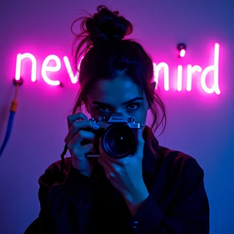 Black hair in a messy bun woman, holding a camera in front of a neon light sign (purple and blue) with a word that says "nevermind"