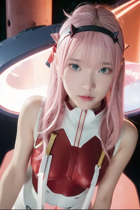 dynamic angle,ultra-detailed, illustration, straight on, 1girl, ((Zero two, interface headband with a pair of horns, red bodysuit:1.4, pink hair)), Her eyes shone like dreamy stars,(glowing eyes:1.233),(beautiful and detailed eyes:1.1),(expressionless, clo...