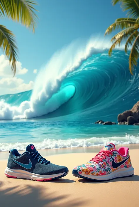 A wave in the background, with Nike sneakers on the left side and a Hawaiian Dreams shirt on the right side