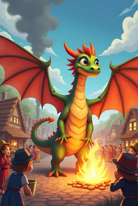 Create me a animated picture for kids story book
Dragon helping people in village to extinguish the fire with the help of his wings 