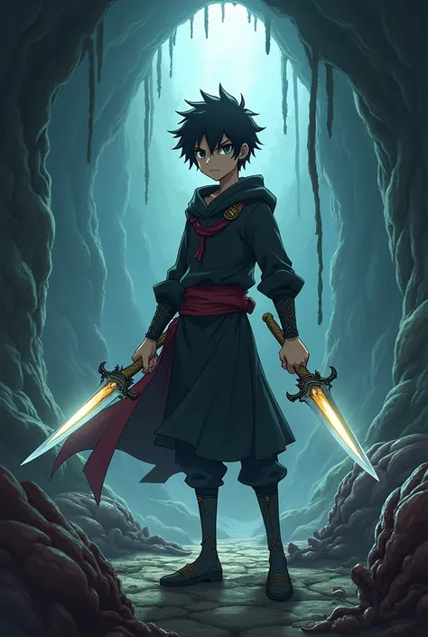 assassin with two daggers created from the fangs of an emperor dragon in a cave full of corpses of monsters with a serious face,anime style boy 
