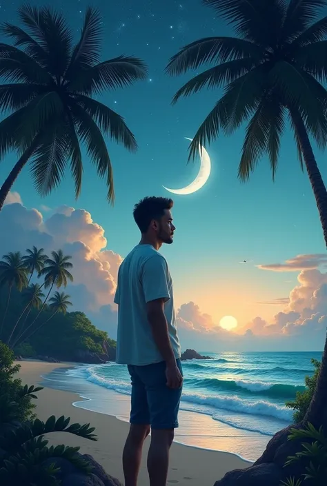 A portait picture with half moon and stars at waving beach and coconuts tree and a man standing 