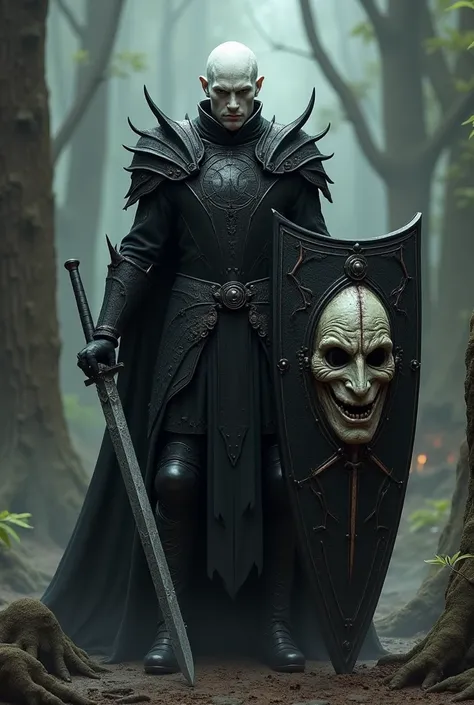 pale skinned, hairless warrior, wearing black armor, with magic runes and thorns. Using a half-body shield with half a tormented face and the other smiling. using a serrated bastard sword. hellraiser cenobite style.     add a squire accompanying the warrio...