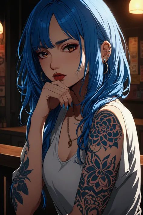 A beautiful girl with blue hair, full lips, septum piercing, arm tattoos, moody expression, vibrant colors, cinematic lighting, dramatic shadows, 8k, high qualiaty, anime, casual clothes