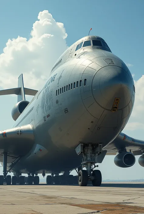 Large aircraft with the name Pruven written on the side. Very large and imposing. The “v” in the name Pruven has to be bigger than the other letters.